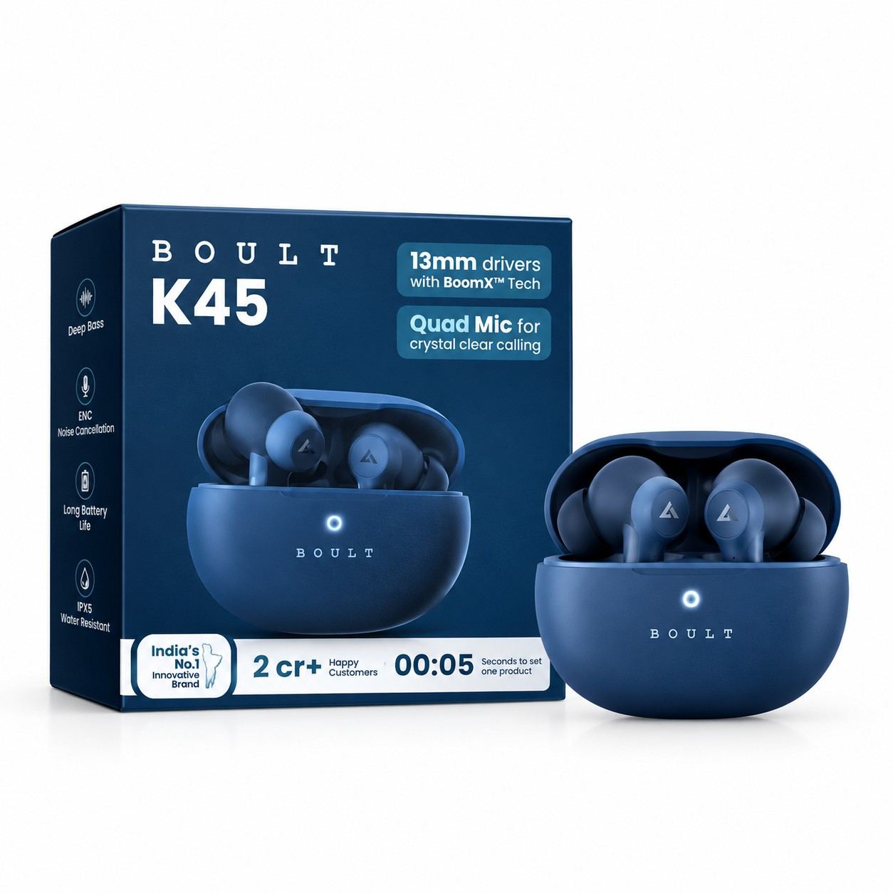 Boult K45 TWS Earbuds with 13mm Drivers & Bluetooth 5.3 – Denim Blue