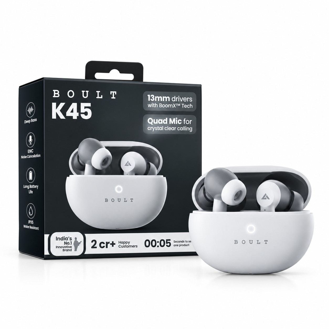 Boult K45 Wireless TWS Earbuds – Light Grey